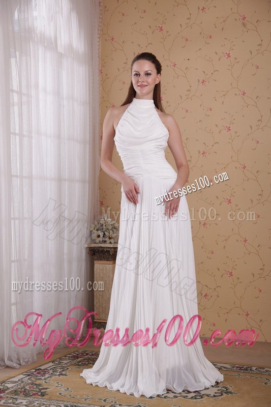 White Empire High-neck Floor-length Pleat Prom Celebrity Dress 2013