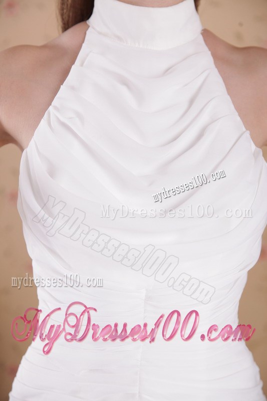 White Empire High-neck Floor-length Pleat Prom Celebrity Dress 2013