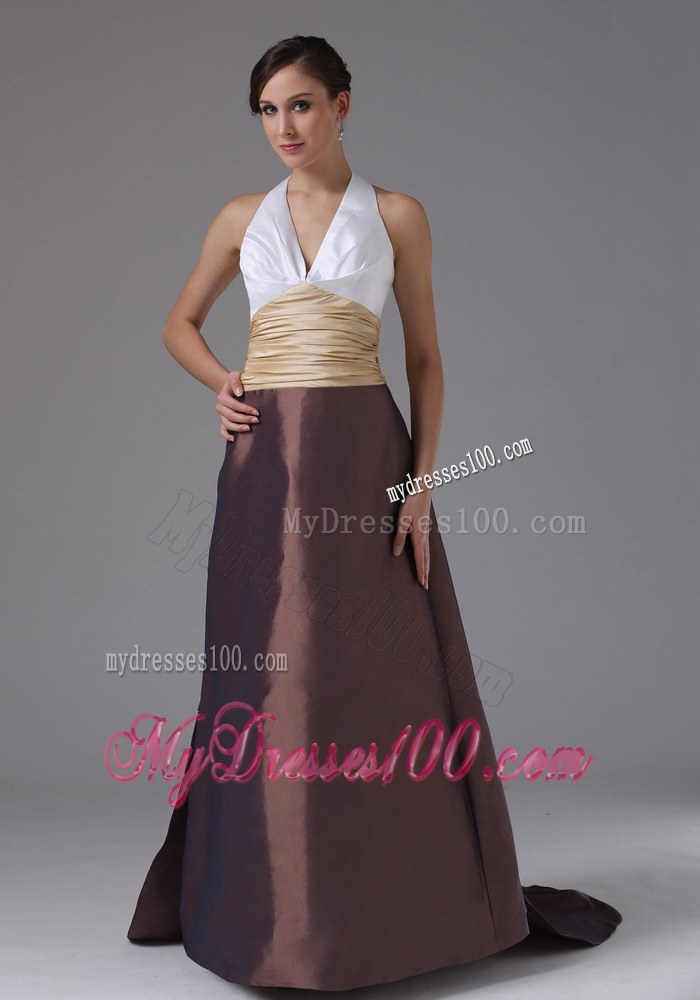 Halter and Ruched Multi-color Bridemaid Dress with Brush Train