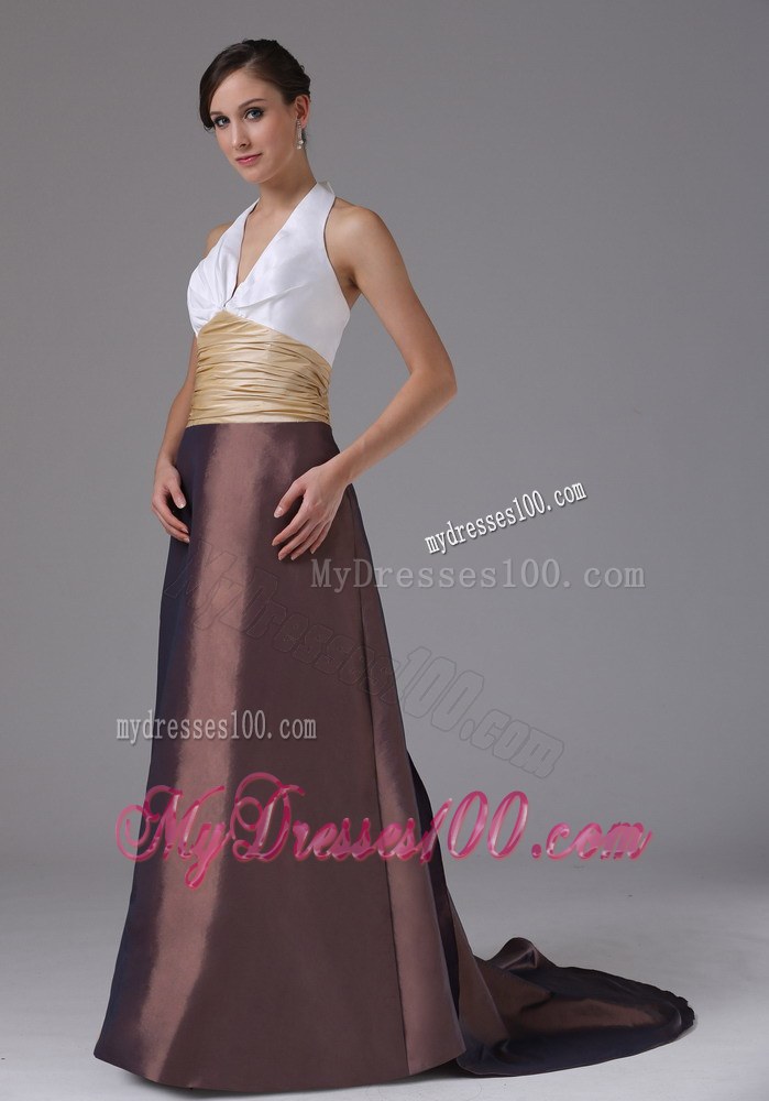 Halter and Ruched Multi-color Bridemaid Dress with Brush Train