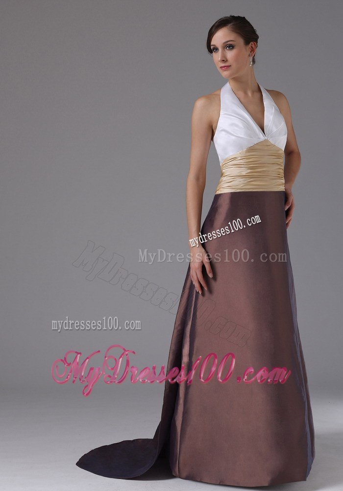 Halter and Ruched Multi-color Bridemaid Dress with Brush Train