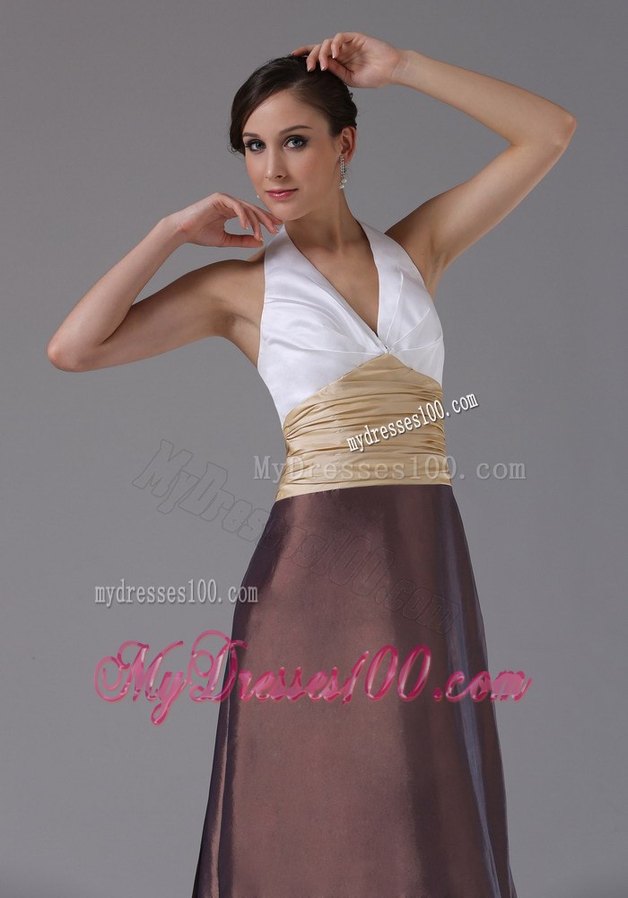 Halter and Ruched Multi-color Bridemaid Dress with Brush Train