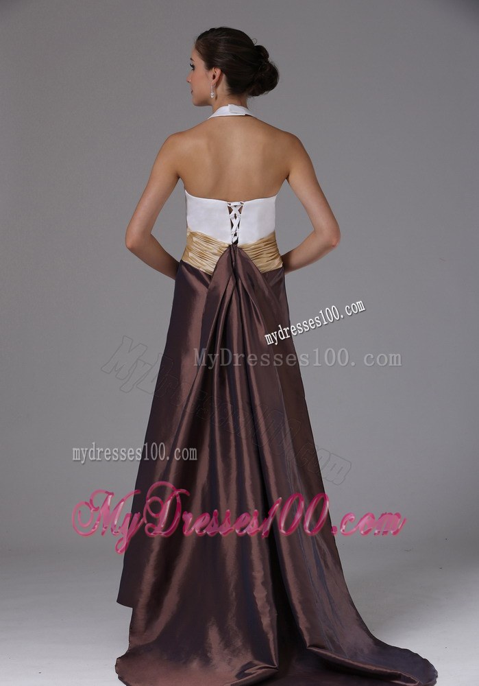 Halter and Ruched Multi-color Bridemaid Dress with Brush Train
