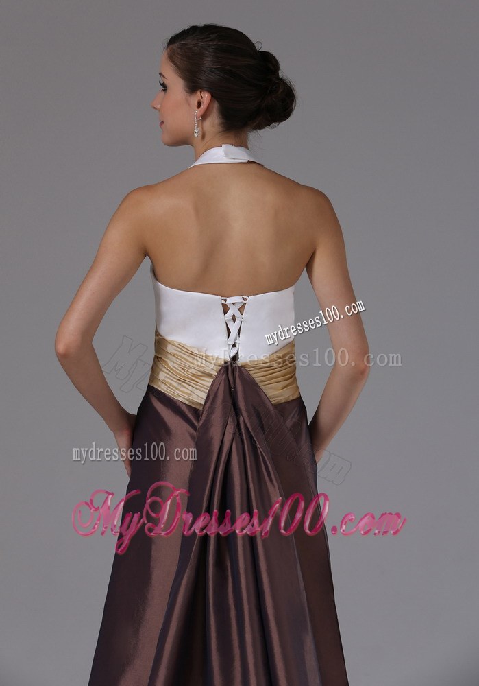 Halter and Ruched Multi-color Bridemaid Dress with Brush Train