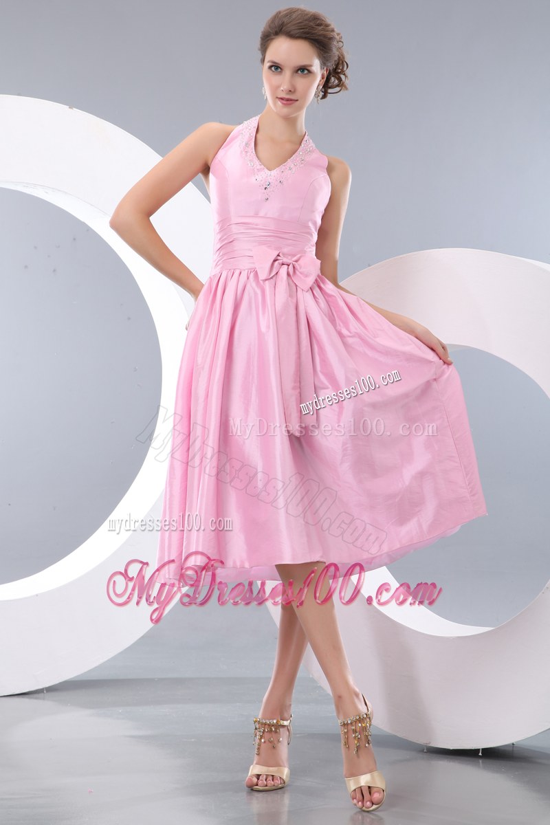 Beading and Bowknot Pink Bridesmaid Dress Empire Halter Tea-length