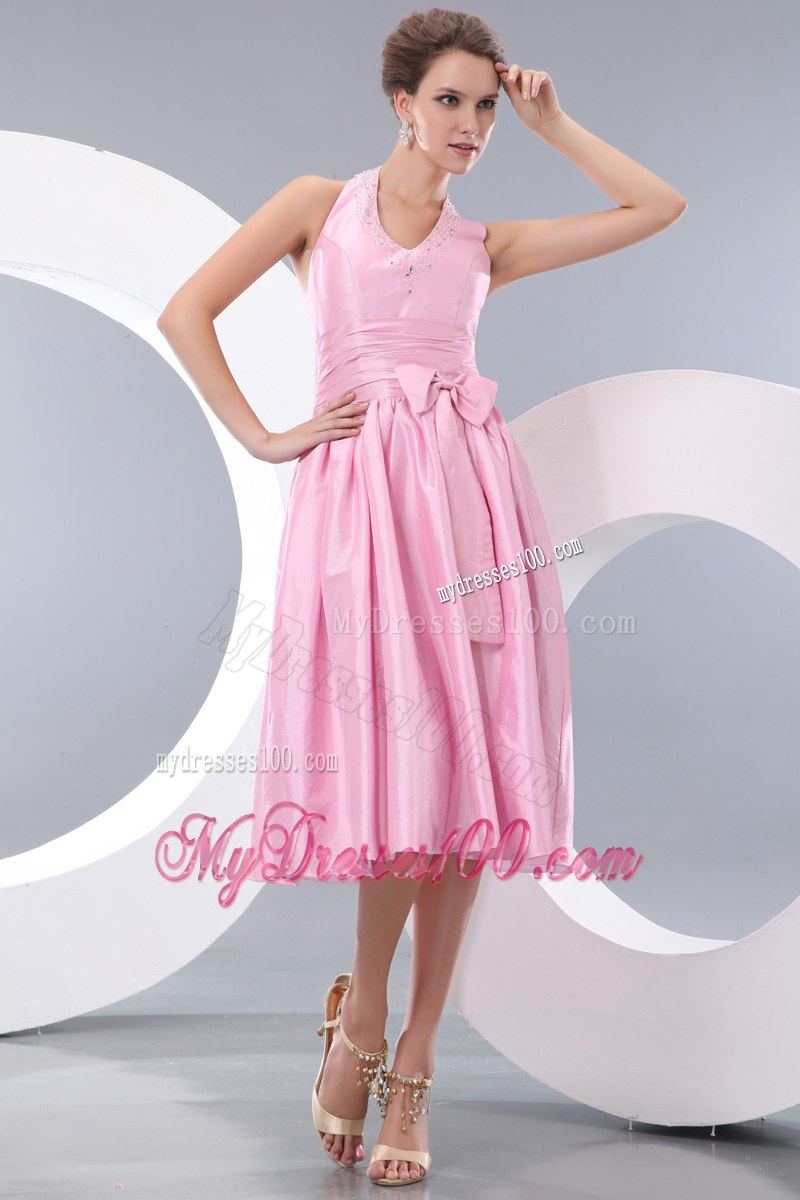 Beading and Bowknot Pink Bridesmaid Dress Empire Halter Tea-length