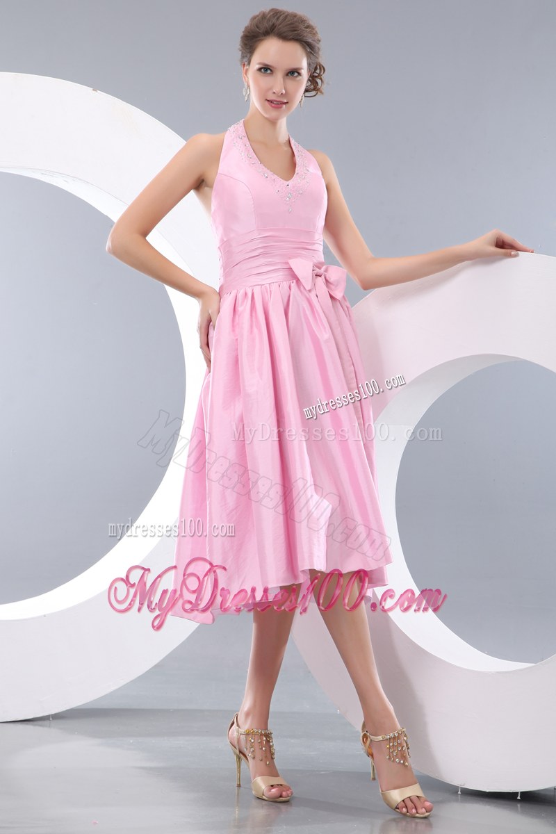 Beading and Bowknot Pink Bridesmaid Dress Empire Halter Tea-length