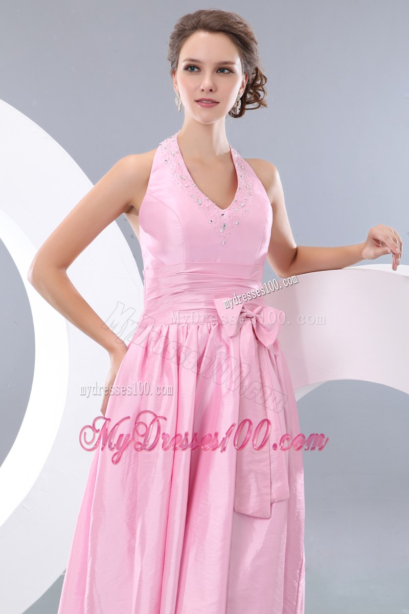Beading and Bowknot Pink Bridesmaid Dress Empire Halter Tea-length