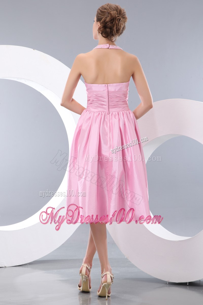 Beading and Bowknot Pink Bridesmaid Dress Empire Halter Tea-length