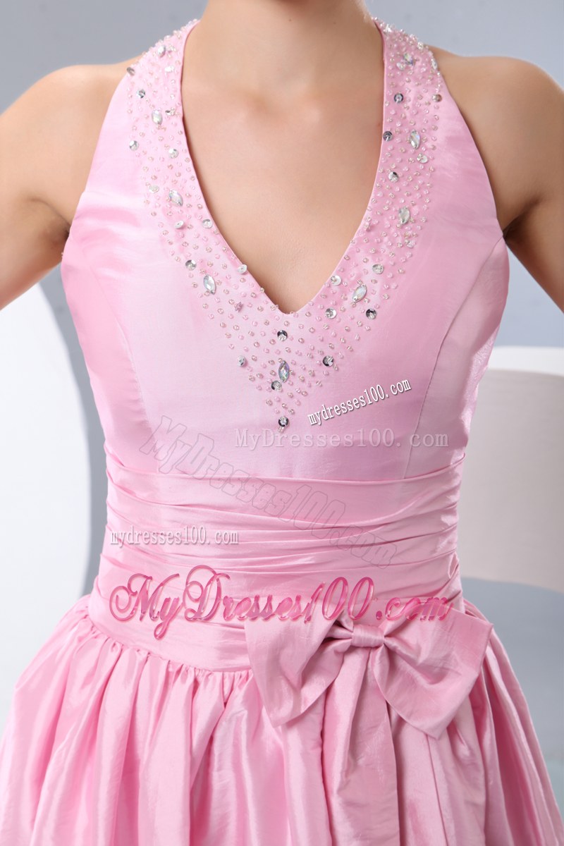 Beading and Bowknot Pink Bridesmaid Dress Empire Halter Tea-length