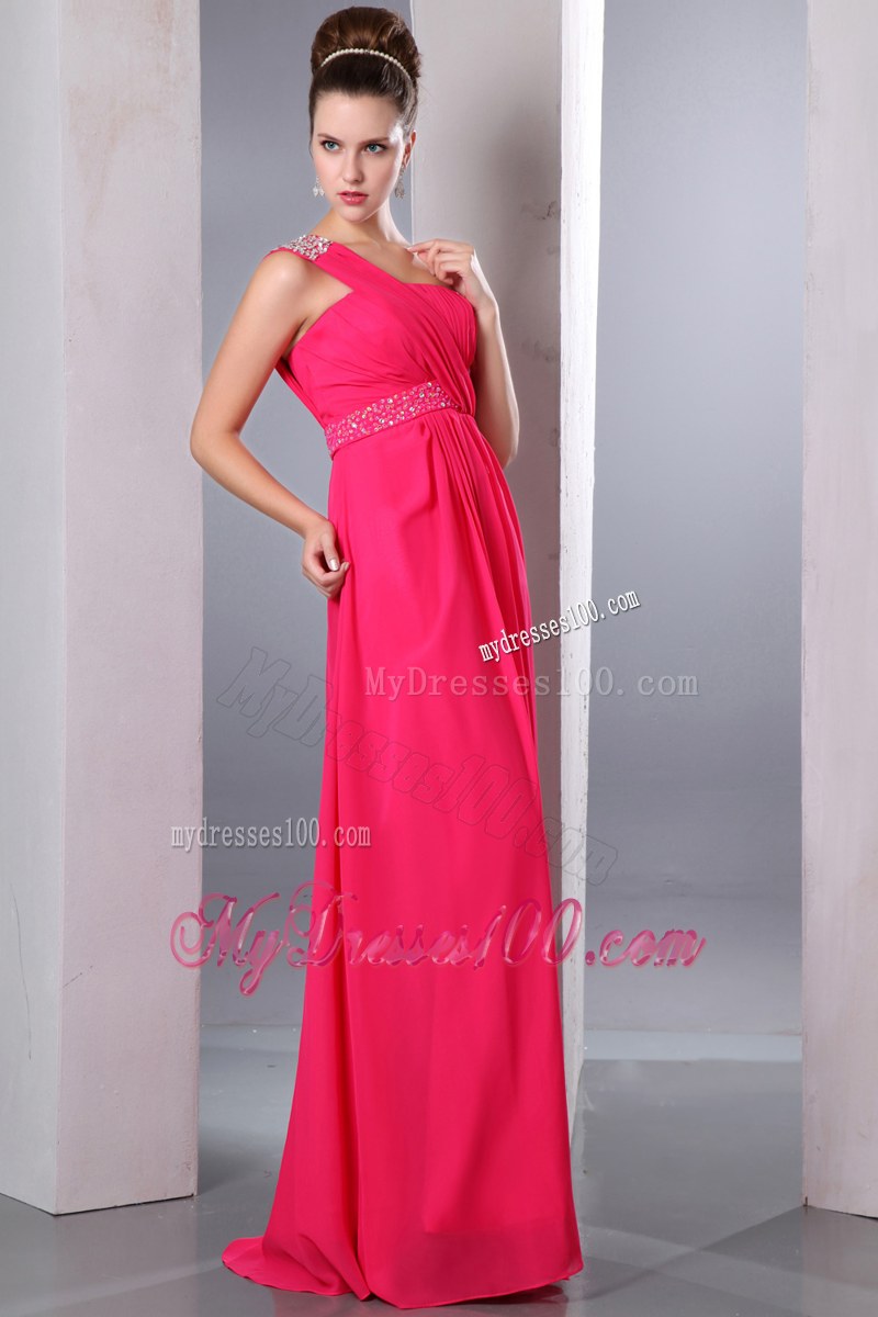 One Shoulder Beading Hot Pink Empire Bridesmaid Dress Chiffon