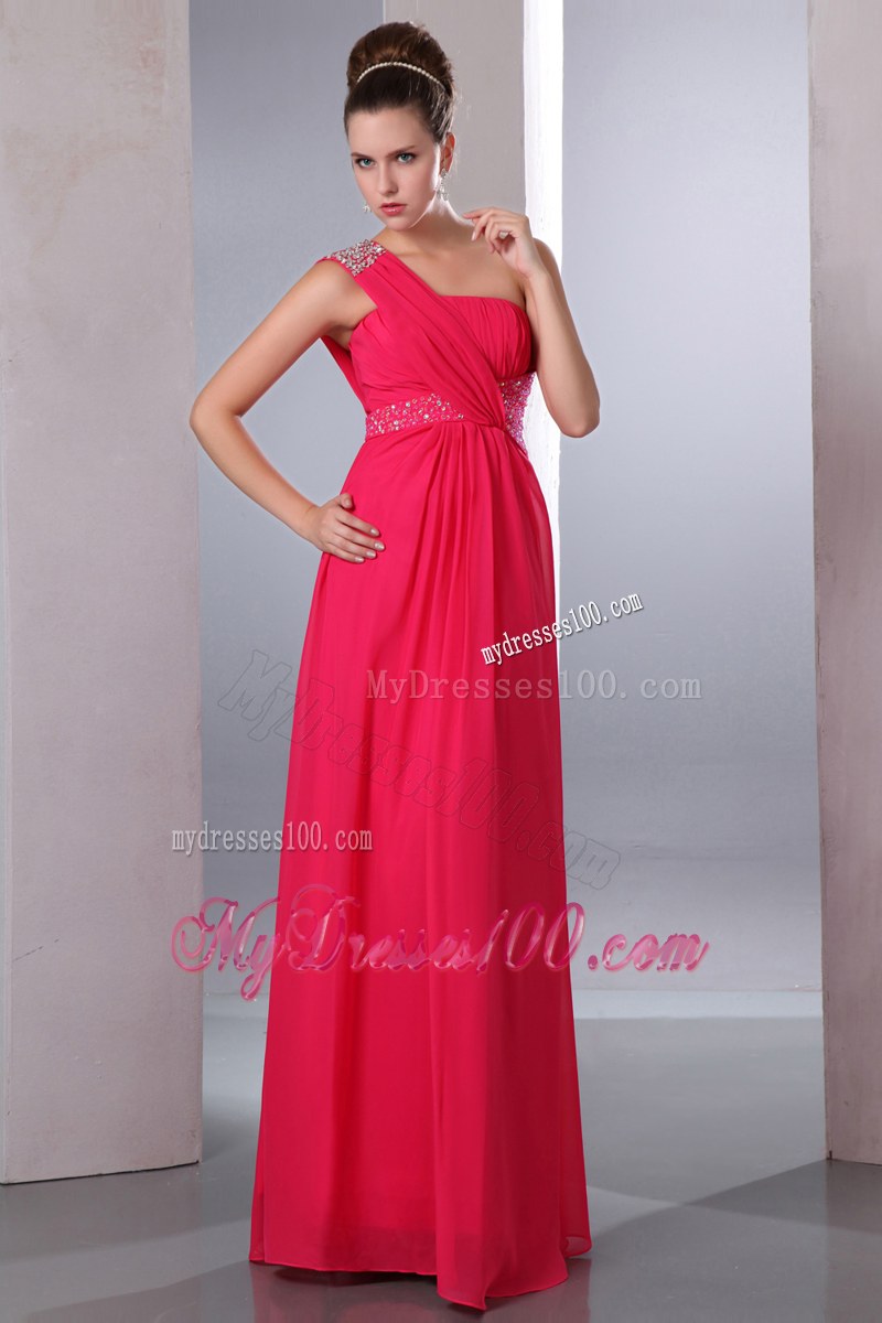 One Shoulder Beading Hot Pink Empire Bridesmaid Dress Chiffon