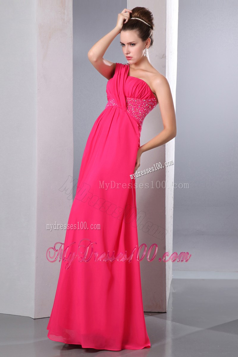 One Shoulder Beading Hot Pink Empire Bridesmaid Dress Chiffon