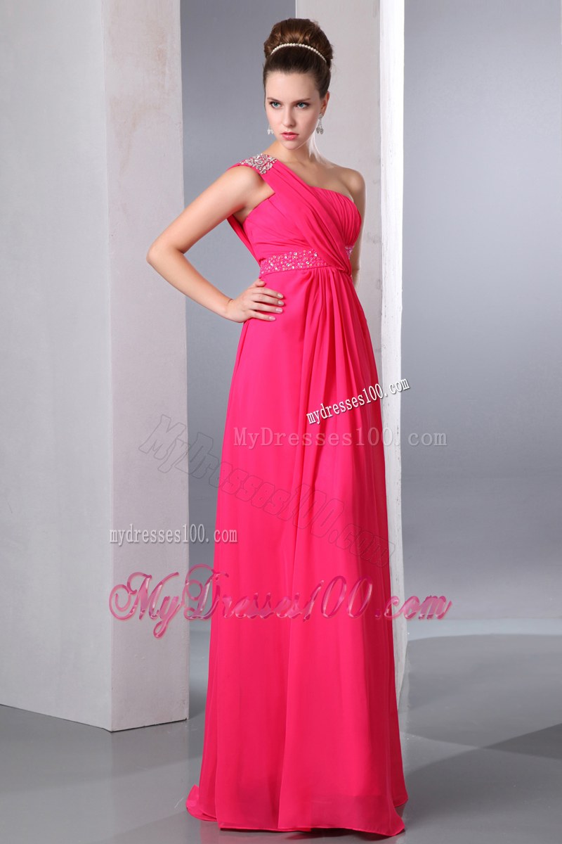 One Shoulder Beading Hot Pink Empire Bridesmaid Dress Chiffon
