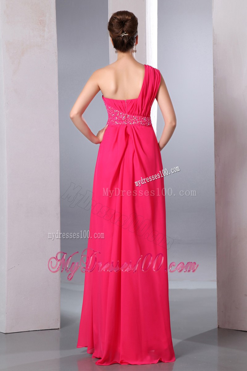 One Shoulder Beading Hot Pink Empire Bridesmaid Dress Chiffon