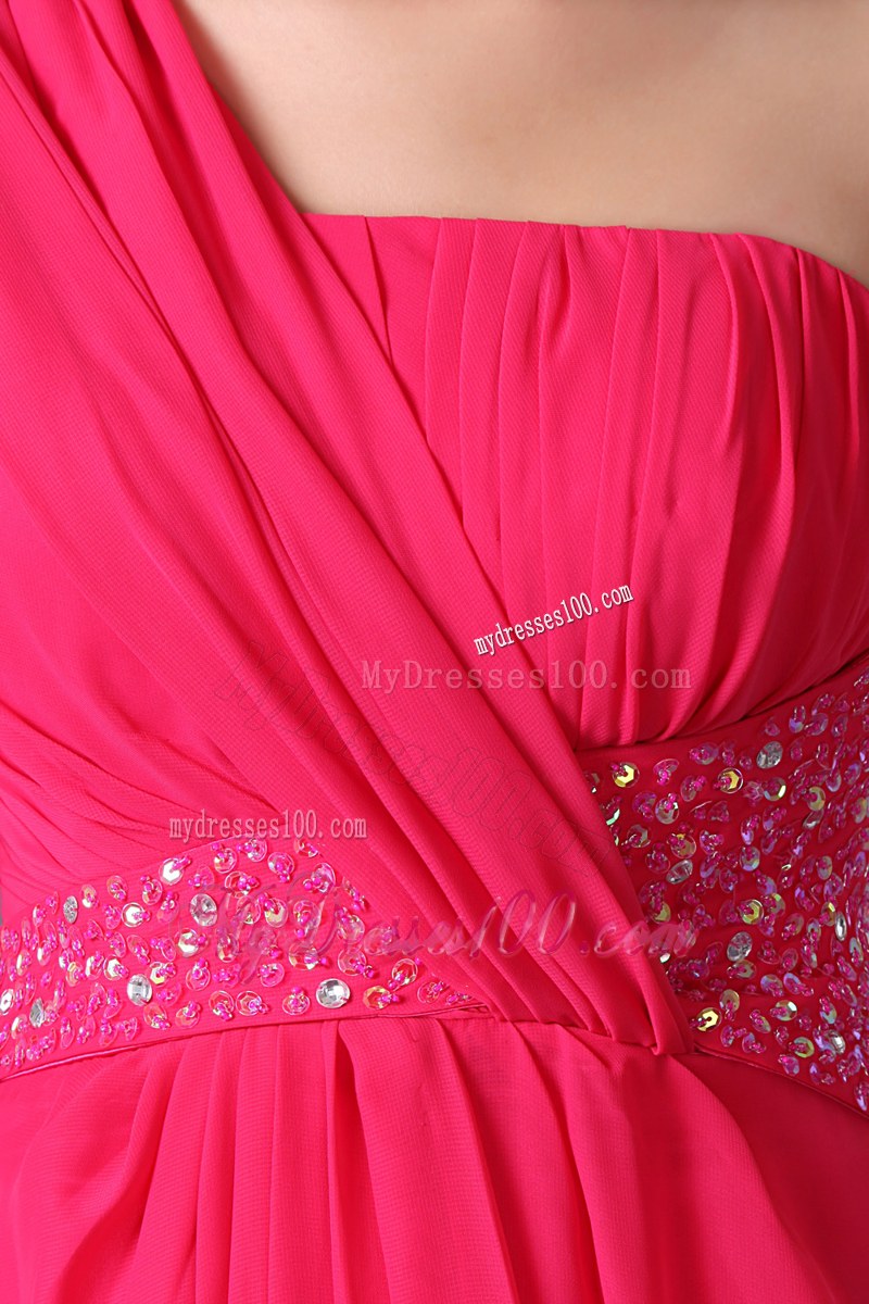 One Shoulder Beading Hot Pink Empire Bridesmaid Dress Chiffon
