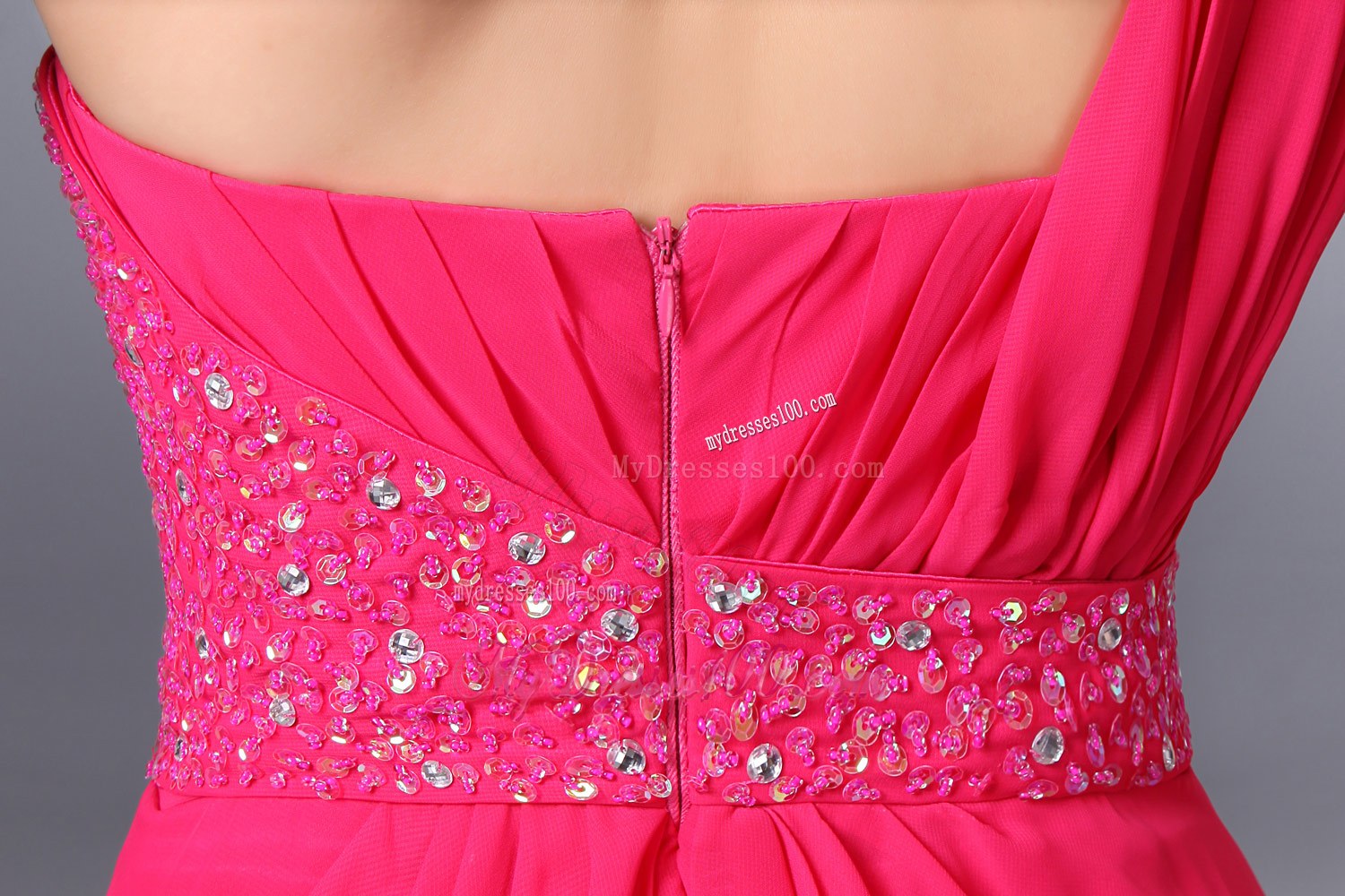 One Shoulder Beading Hot Pink Empire Bridesmaid Dress Chiffon