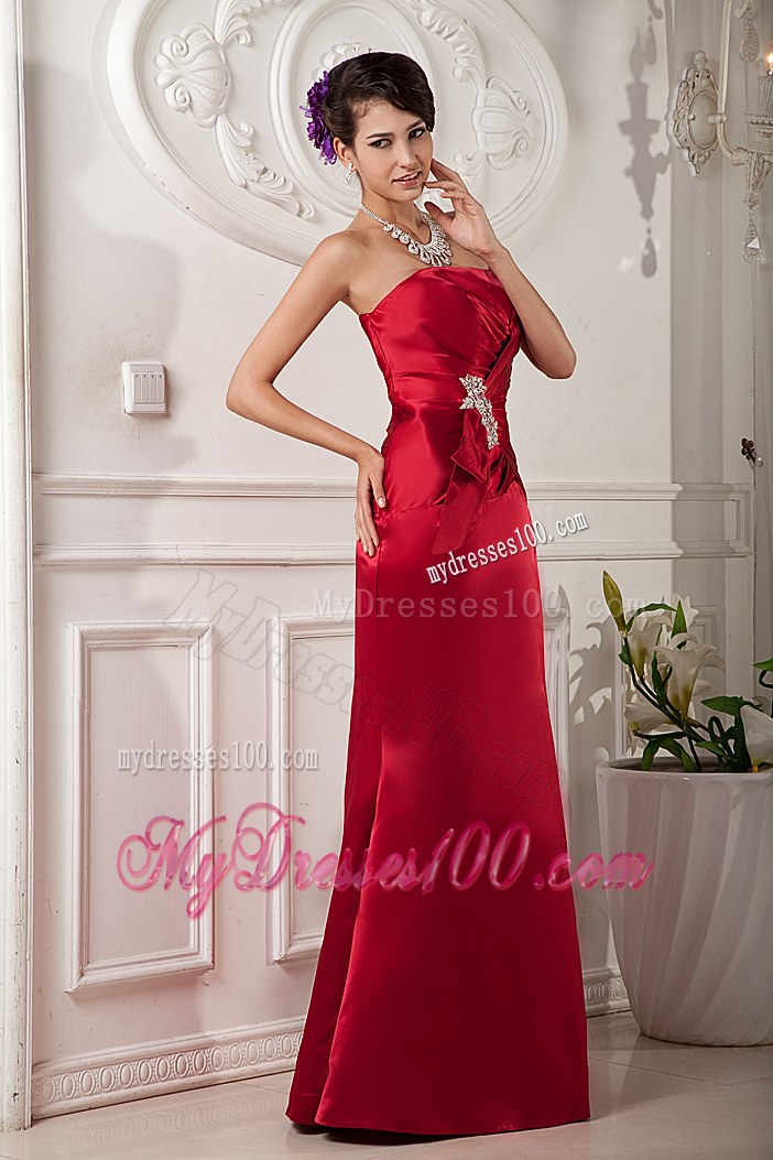 Column Strapless Red Bridesmaid Dresses Satin Floor-length Beading
