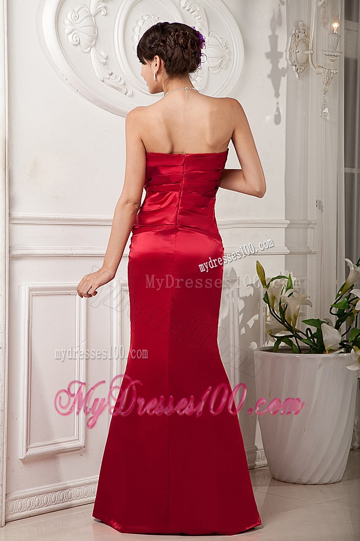 Column Strapless Red Bridesmaid Dresses Satin Floor-length Beading