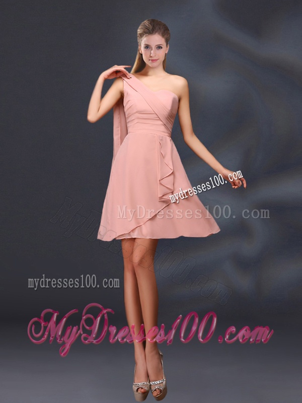 2016 One Shoulder Ruching Chiffon Bridesmaid Dresses in Peach