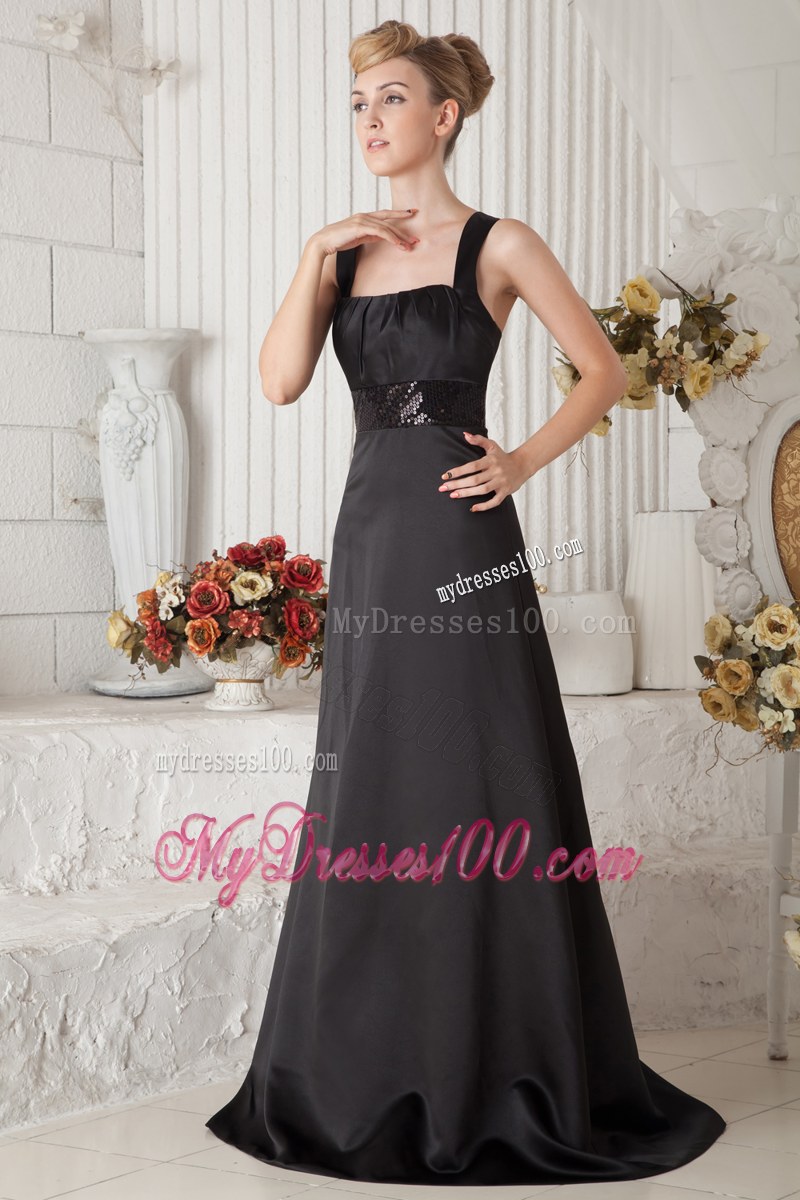 Brush Train Black A-line Straps Bridesmaid Dress Satin Beading