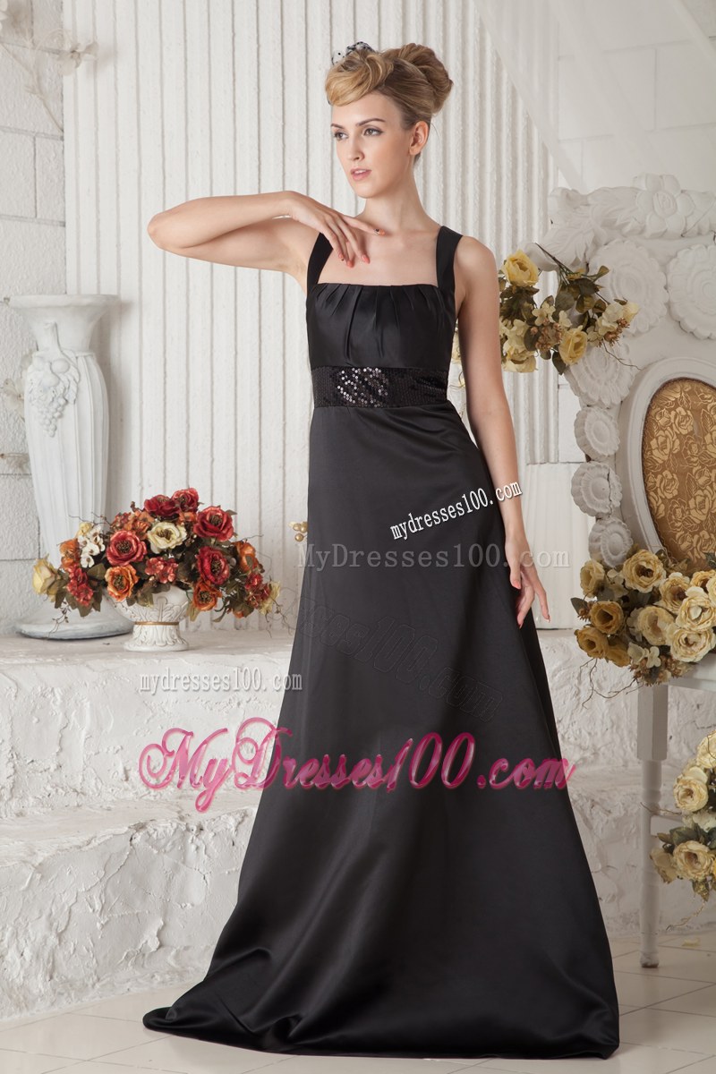 Brush Train Black A-line Straps Bridesmaid Dress Satin Beading