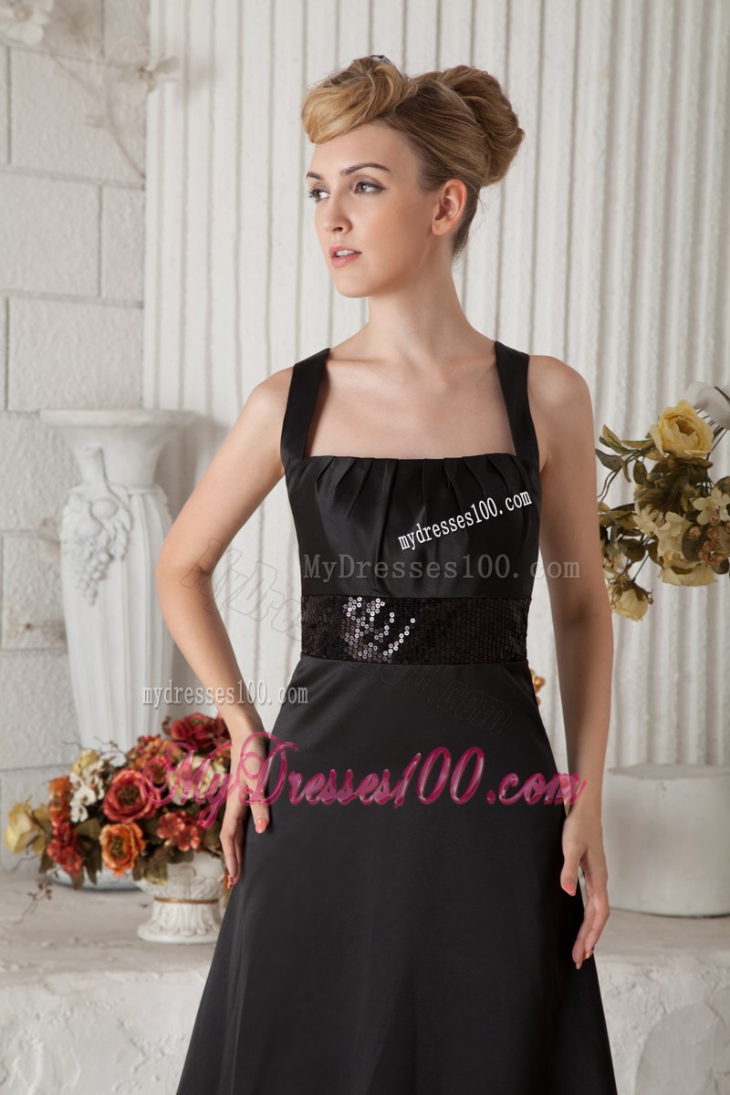 Brush Train Black A-line Straps Bridesmaid Dress Satin Beading