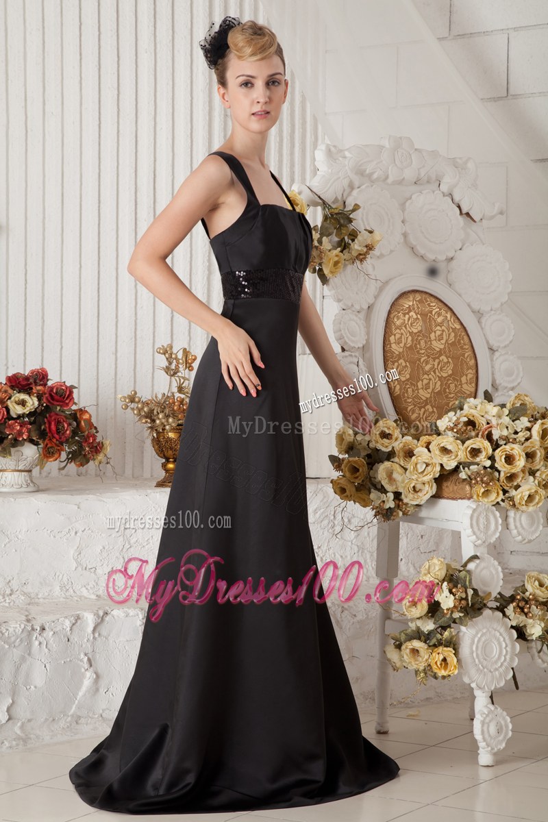 Brush Train Black A-line Straps Bridesmaid Dress Satin Beading