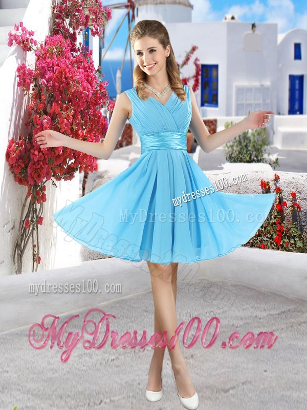 Affordable Champagne V Neck Bridesmaid Dresses with Belt and Ruching