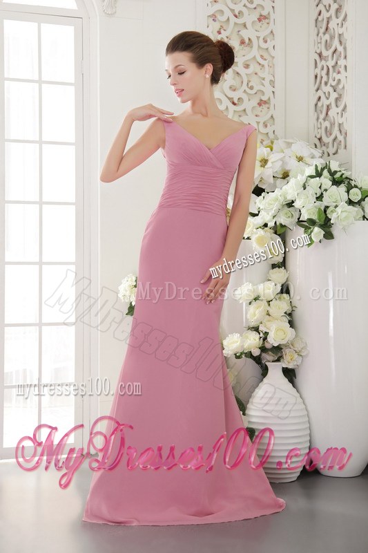 V-neck Baby Pink Column Bridesmaid Dress Brush Train Chiffon Ruching