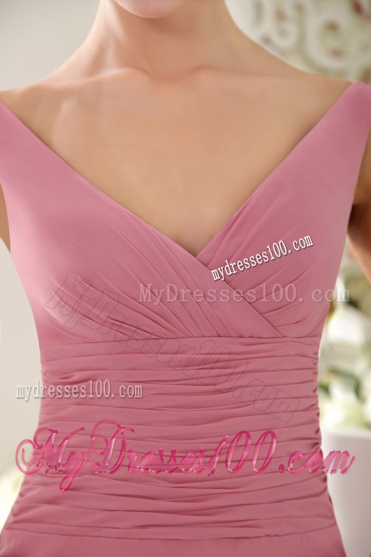 V-neck Baby Pink Column Bridesmaid Dress Brush Train Chiffon Ruching