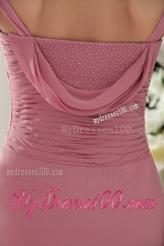 V-neck Baby Pink Column Bridesmaid Dress Brush Train Chiffon Ruching