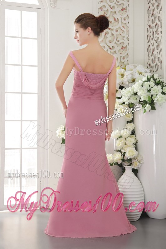 V-neck Baby Pink Column Bridesmaid Dress Brush Train Chiffon Ruching