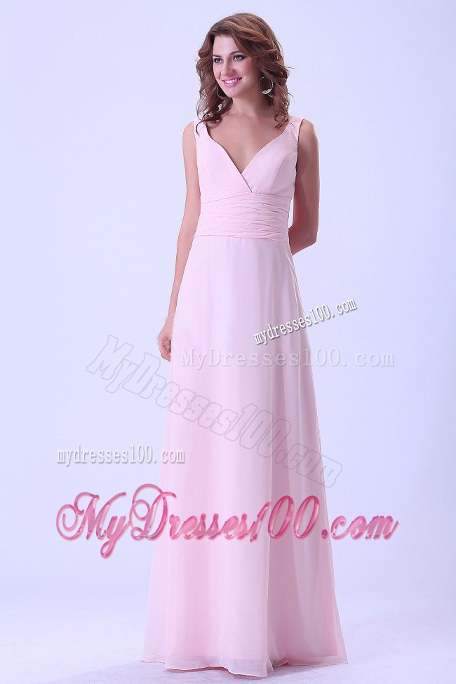 A-line Baby Pink V-neck Floor-length Bridemaid Dress Chiffon