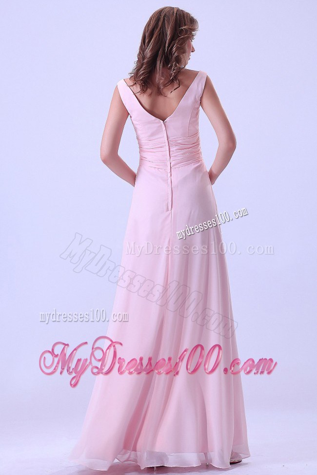 A-line Baby Pink V-neck Floor-length Bridemaid Dress Chiffon