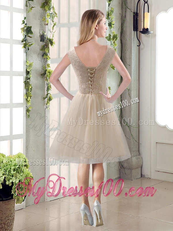 Beautiful Champagne Bowknot Princess Bridesmaid Dresses with V Neck