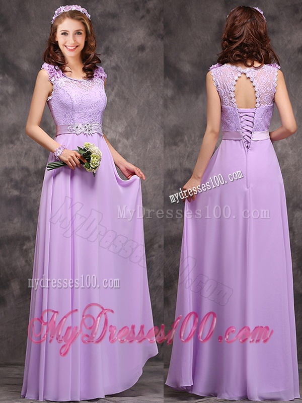 Beautiful Empire Scoop Laced Decorated Bodice Bridesmaid Dress in Lavender