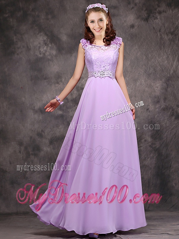 Beautiful Empire Scoop Laced Decorated Bodice Bridesmaid Dress in Lavender