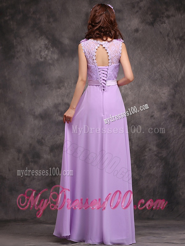 Beautiful Empire Scoop Laced Decorated Bodice Bridesmaid Dress in Lavender