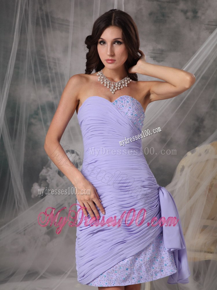 Lilac Column Sweetheart Ruched Beaded Short Chiffon Bridemaid Dress