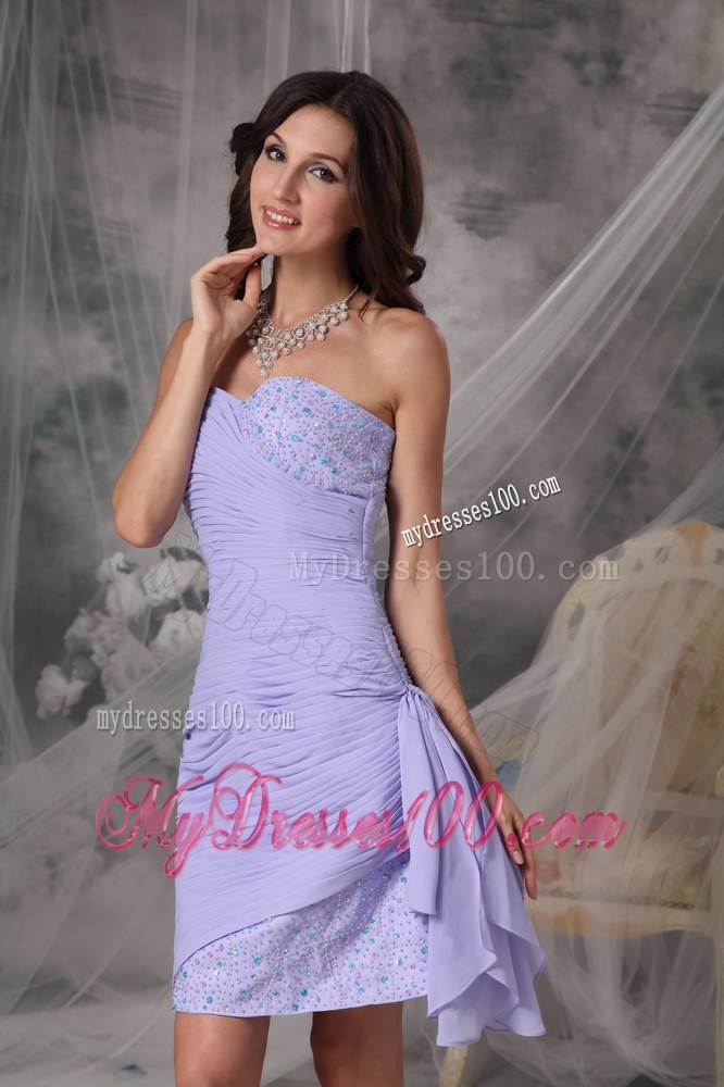 Lilac Column Sweetheart Ruched Beaded Short Chiffon Bridemaid Dress