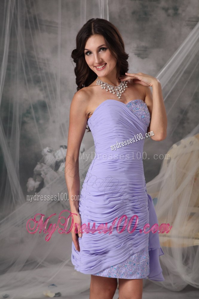 Lilac Column Sweetheart Ruched Beaded Short Chiffon Bridemaid Dress