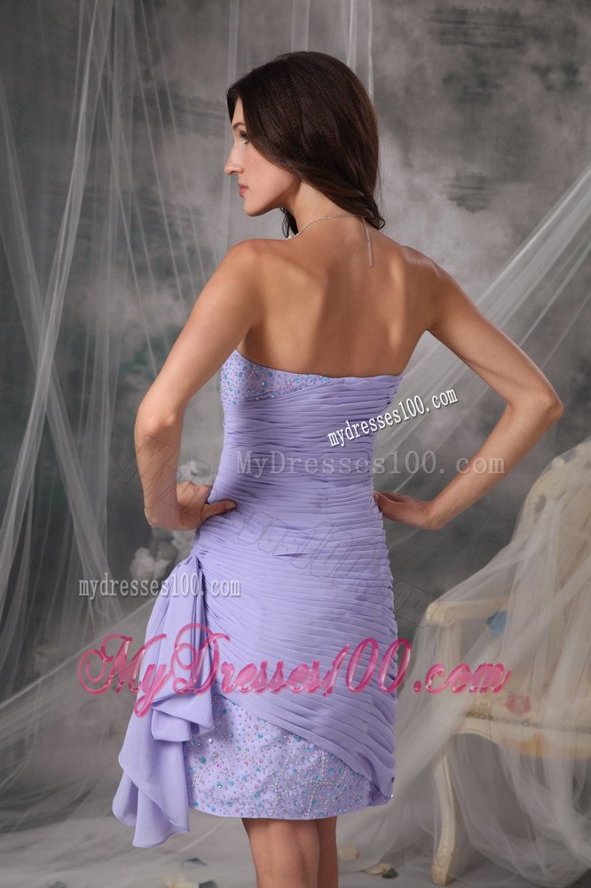 Lilac Column Sweetheart Ruched Beaded Short Chiffon Bridemaid Dress