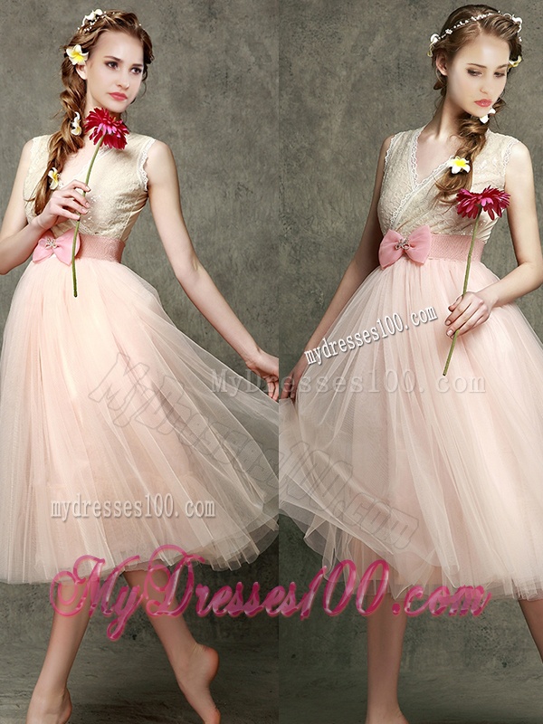 Beautiful Tea Length V Neck Bridesmaid with Belt and Bowknot