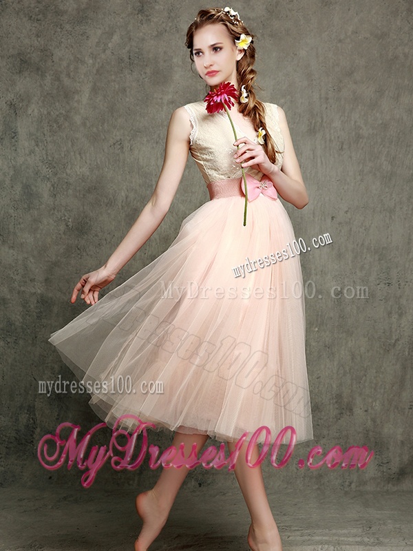 Beautiful Tea Length V Neck Bridesmaid with Belt and Bowknot