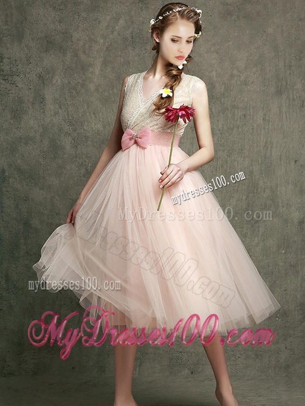 Beautiful Tea Length V Neck Bridesmaid with Belt and Bowknot