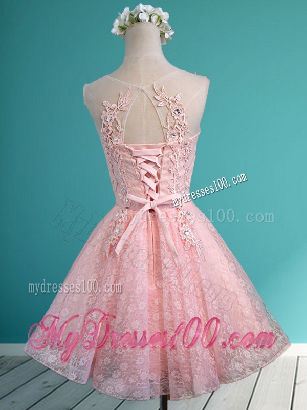 Best Scoop Beading and Appliques Short Bridesmaid Dress in Baby Pink