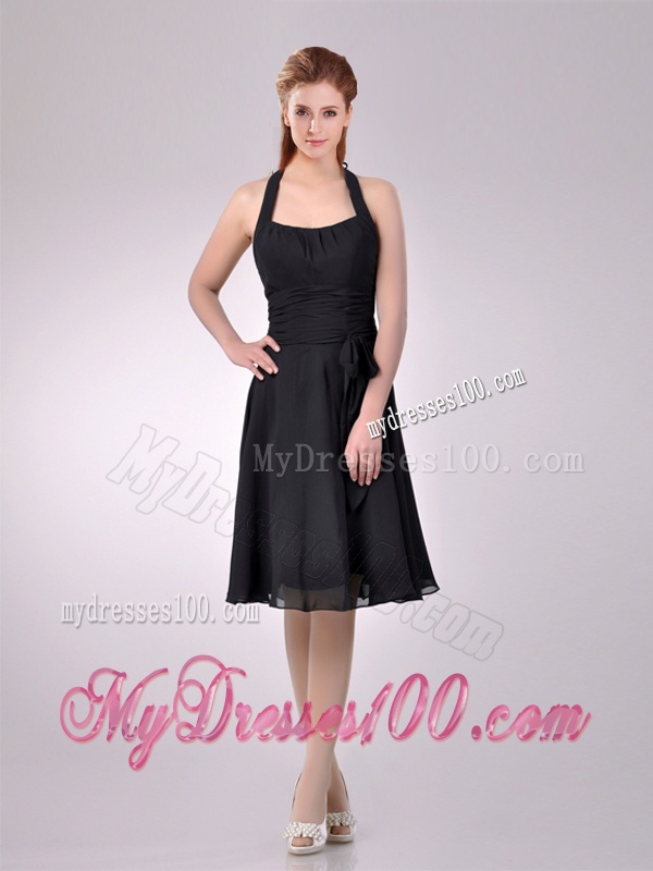 Best Selling Chiffon Halter Top Ruched Bridesmaid Dress in Black
