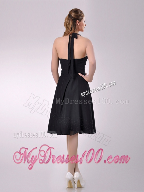 Best Selling Chiffon Halter Top Ruched Bridesmaid Dress in Black