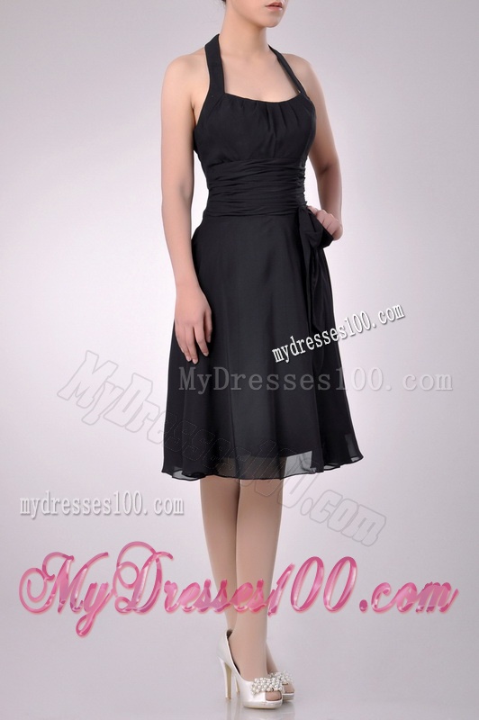 Best Selling Chiffon Halter Top Ruched Bridesmaid Dress in Black